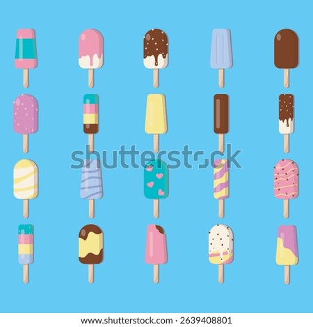 Variety of colorful and patterned ice pops are arranged in a grid formation on a light blue background.  Each ice pop has a unique design and color scheme.