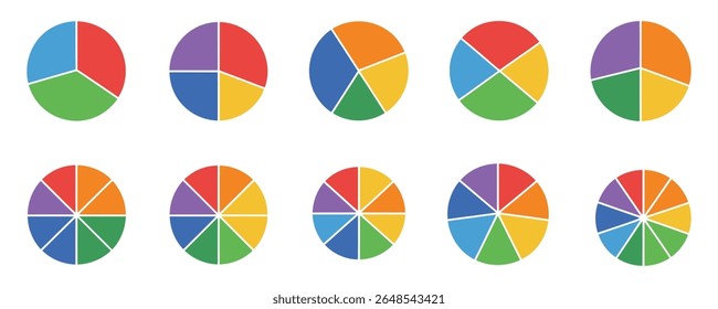 Variety of colorful pie chart graphics depicting different segmentations and visual representations of data