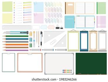 A variety of colorful stationery sets used in schools and offices