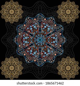 Variedad de líneas de color y muchos puntos se combinan con el patrón de mandala en línea blanca de mandala con fondo negro