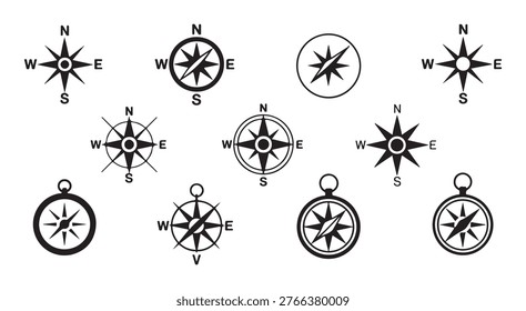 Variety of compass rose designs and classic navigation icons including lettered direction indicators and stars.