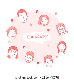 A variety of congratulatory faces. hand drawn style vector doodle design illustrations.