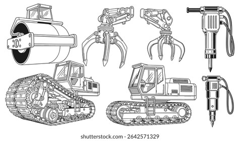 Variety of Construction Equipment Heavy Machinery Icons and Elements for Industrial Projects