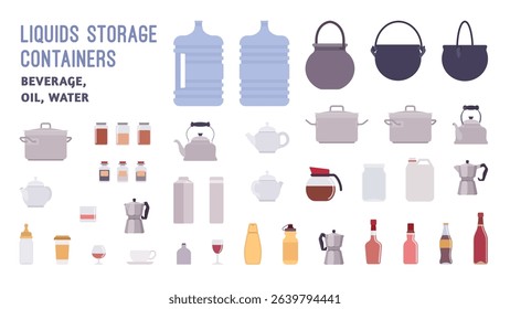 Variety of containers for liquids pack, bottles, jars, barrels, pots, cans, jugs set. Cleaning, cooking products items, storing, holding, transporting and dispensing beverage pack. Vector illustration