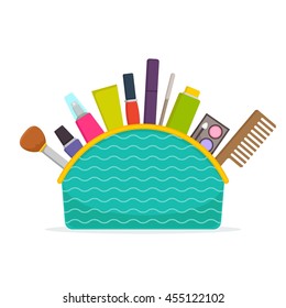 Variety of cosmetic makeup products in a bag. Vector illustration 