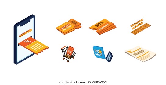 Variety coupon pack illustration set, isometric, coupons,percent of discount coupon,sales,pay, coin, big sales,basget,gift box, point Vector concepts. 