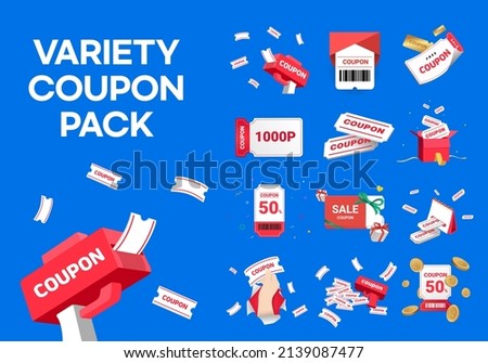 Variety coupon pack illustration set. 3d, pay, coin, gift box, point. Vector drawing. Hand drawn style.