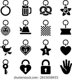 Variety of creative keychain icons featuring symbols animals and everyday objects in silhouette style