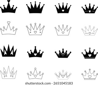 Variedade de Ícones da Coroa Conjunto - Símbolos de realeza preto e branco com corações e elementos decorativos 