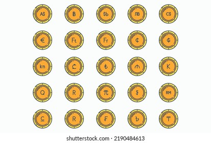 Variety of currency and coins icon set
