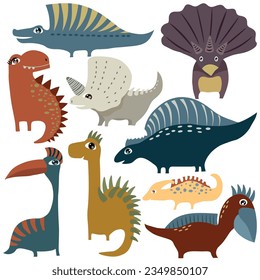 Variety cute dinosaurs collection in earth tone color. Vector illustration on white background