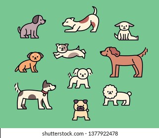 A variety of cute dogs. Outline style character design. flat design style minimal vector illustration