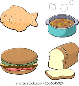 A variety of cute foods on a white background