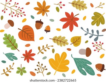 A variety of deciduous leaves and acorn illustrations expressing autumn