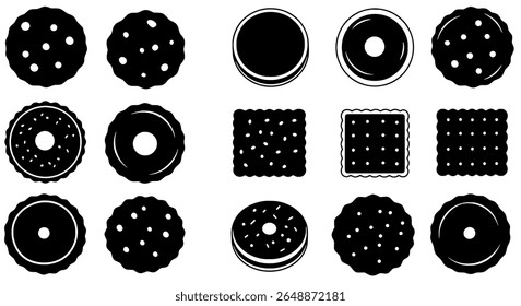 Variety of Decorative Donuts and Cookies in Minimal Black Silhouette Style for Bakery Branding and Cafe Menu Design