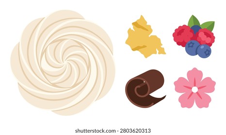 A variety of decorative elements for desserts, including frosting swirls, chocolate curls, berries, and flower-shaped icing.