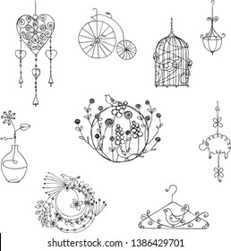 variety of decorative elements for interior ,hand sketch with contour lines. Vector illustration