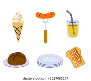 Variety of delicious foods and beverages displayed on a simple background