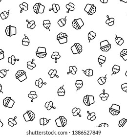 Variety Delicious Muffins Seamless Pattern Vector. Muffins With Poppy Seed Or Chocolate Chips, Cherry And With Candle On Top Monochrome Texture Icons. Different Cupcakes Template Flat Illustration