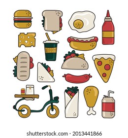 Variety of delicious sandwiches for breakfast, snack, appetizers, drinks. Set of bright colored fast food icons. All objects are separated. Vector illustration