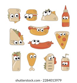 Variety of delicious sandwiches for breakfast, snack, appetizers, drinks with cute faces. Set of bright colored fast food icons. All objects are separated. Vector illustration