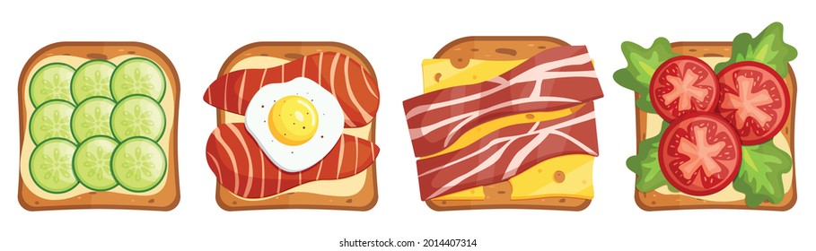 Variety of delicious sandwiches for breakfast, snacks, snacks.Sandwich with toast and ham, cheese and tomatoes, also with salad and bacon. Vector illustration in flat cartoon style.