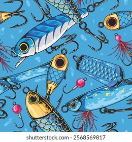 A variety of detailed fishing lures in different shapes and colors are arranged against a bright blue background showcasing their hooks and vibrant designs. Perfect for fishing enthusiasts.