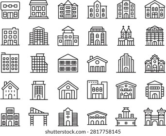 Variety of different architectural building icons in simple line art style