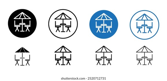 Uma variedade de guarda-chuvas e mesas coloridas diferentes, mostrando ícone do terraço, ícone do terraço em estilos preenchidos e contornados, ícone do café do terraço, ícone de assentos do café,