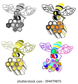 a variety of different colors bees with honeycombs and honey