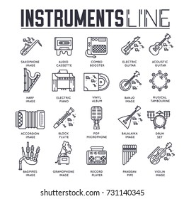 Variety of different music instruments and playing equipment. Icon set. Layout modern vector background illustration design concept
