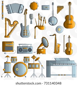 Variety of different music instruments and playing equipment. Layout modern vector background illustration design concept