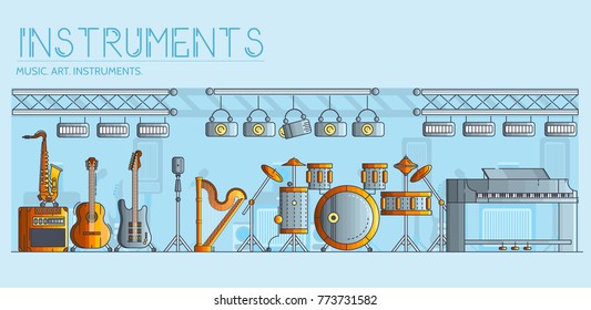 Variety of different music instruments and playing equipment. Layout modern vector background illustration design concept