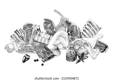 Variety of different raw meat parts on white background. Different parts of cutting chicken, pork meat and cutting beef. 