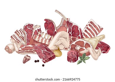 Variety of different raw meat parts on white background. Different parts of cutting chicken, pork meat and cutting beef. 