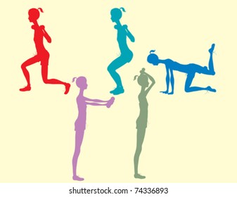 A variety of different silhouettes doing weight exercises.