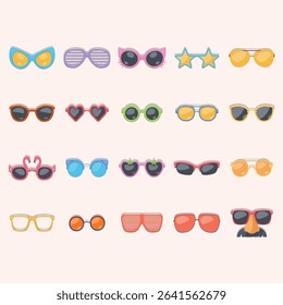 Variety of different sunglasses designs in various colors and styles, presented in a flat design style.  The designs include different shapes, colors, and patterns, such as heart-shaped frames