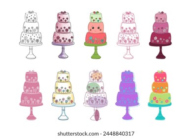 A variety of differently colored cakes is arranged neatly on a plain white background. Each cake is unique in color and design, creating a vibrant and visually appealing display
