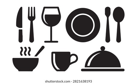Variety of dinnerware and serving items. vector black silhouette icons on isolated background. flat design.
