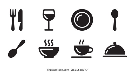 Variety of dinnerware and serving items. vector black silhouette icons on isolated background. flat design.