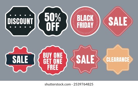 Una variedad de sellos de descuento para Black Friday, rebajas y promociones, con diferentes Formas y colores, ideales para el marketing minorista.
