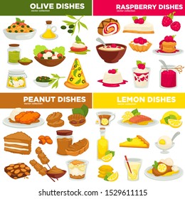 Variety of dishes with olive, raspberry, peanut and lemon as a main ingredient. Food icons, four different meal sets. Collection of cooking recipes. Colourful vector illustration on white background.