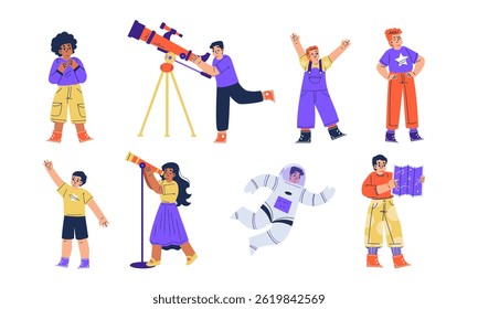 Uma Variedade de Personagens Diversos Envolvendo-se em Atividades Excitantes de Ciência e Exploração