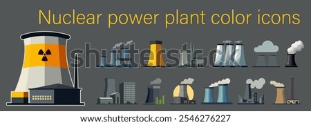 A variety of diverse nuclear power plant icons symbolizing energy generation along with various industrial elements