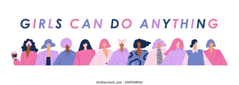 Variety of diverse young modern women faces. Girl power concept banner with slogan. Girls can do anything. Hand drawn characters colorful vector illustration.