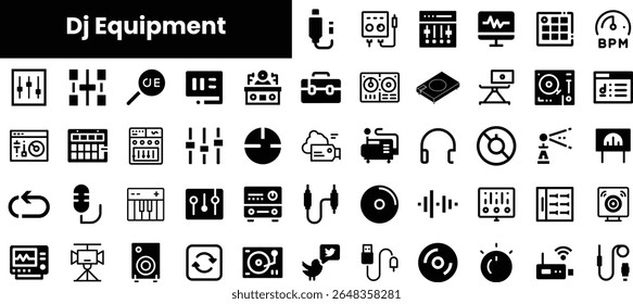 Uma variedade de ícones de equipamentos de DJ exibidos em um estilo preto e branco elegante, retratando mixadores, toca-discos, microfones e indicadores de ondas sonoras.