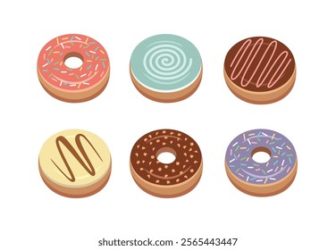 A variety of donuts with different topping. Cute donuts. Dessert food. Delicious donut. Donut with different flavor.