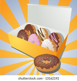 A variety of donuts in a takeaway box