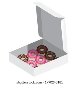 Variety Donuts in white box, package .Many flavors donuts Vector illustration in white background.