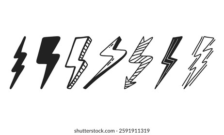 Variety of doodle thunder bolt. Set of lightning bolt. Hand drawn flash symbol